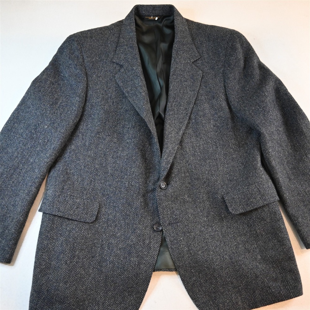 Vtg USA Made 46R Blue Herringbone 100% Wool Tweed Mens Blazer Jacket Sport Coat